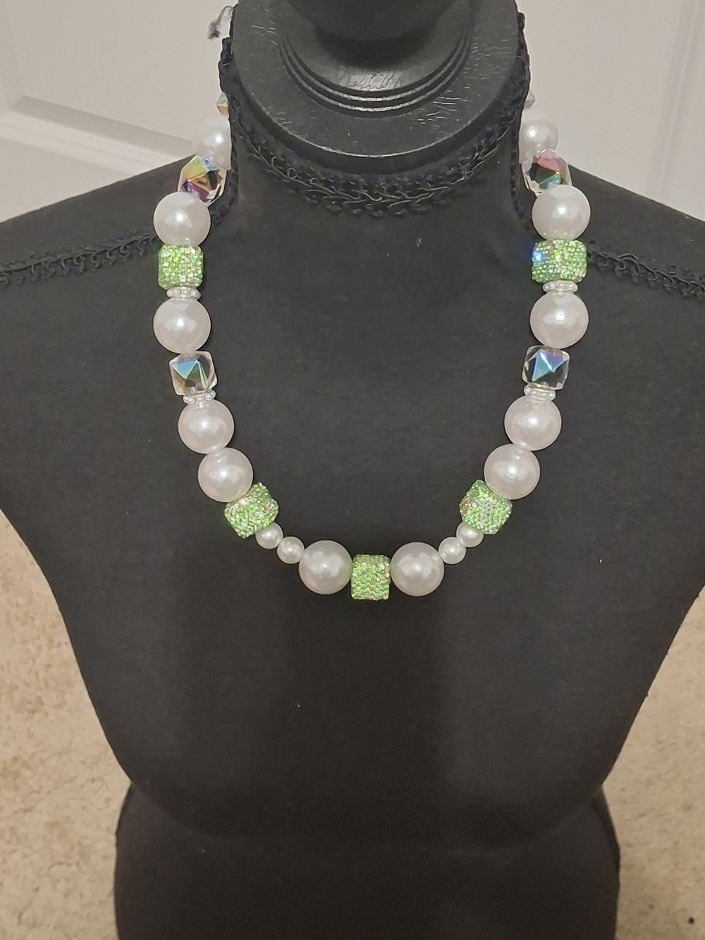 Handmade Pearl and Lime Crystal Bead Statement Necklace